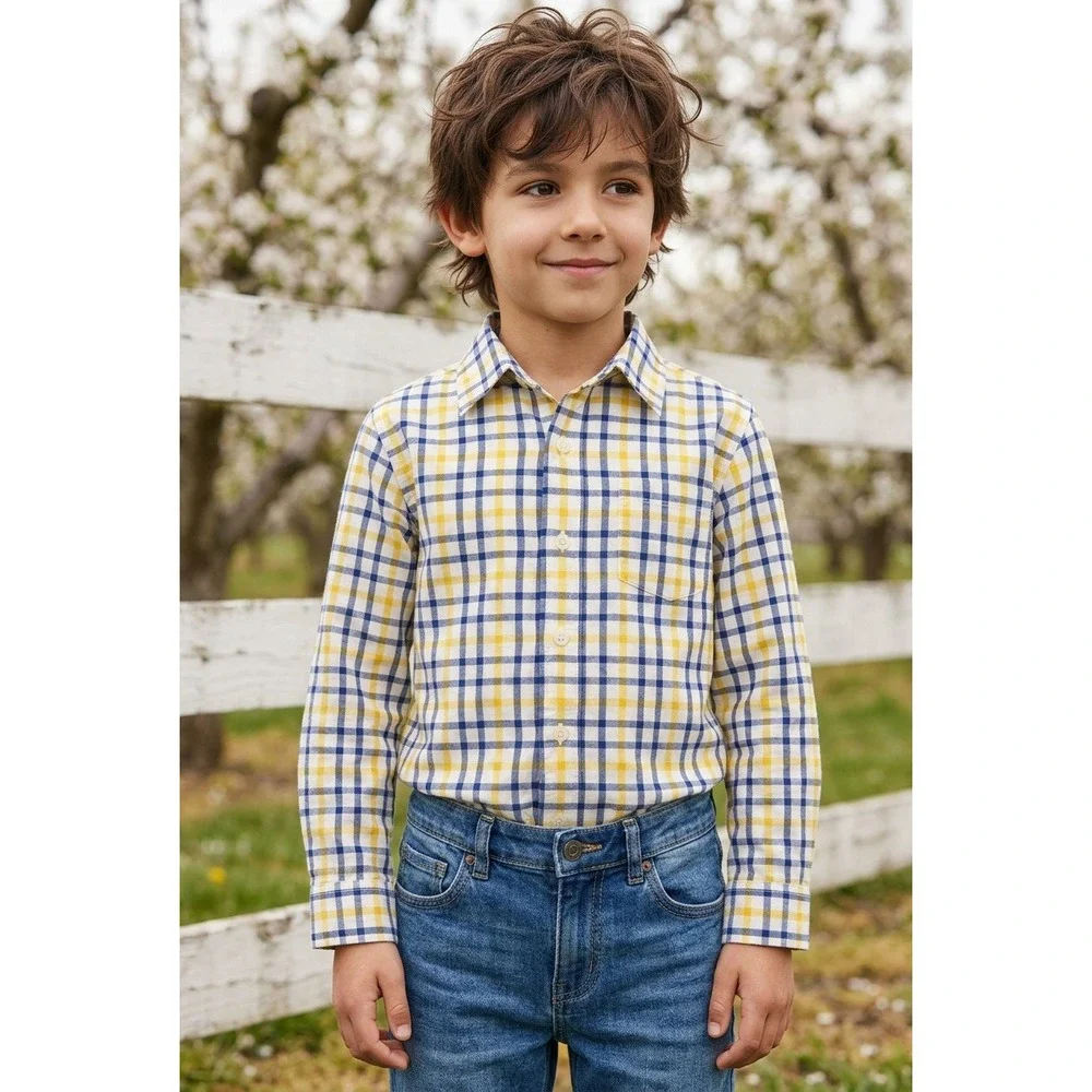 Janie and Jack Boys‎ Blue Yellow Plaid Button Down Shirt Long Sleeve Size 4